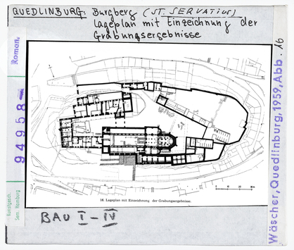 Vorschaubild Quedlinburg: Burgberg, Lageplan mit Grabungsergebnissen, Bau I-IV 